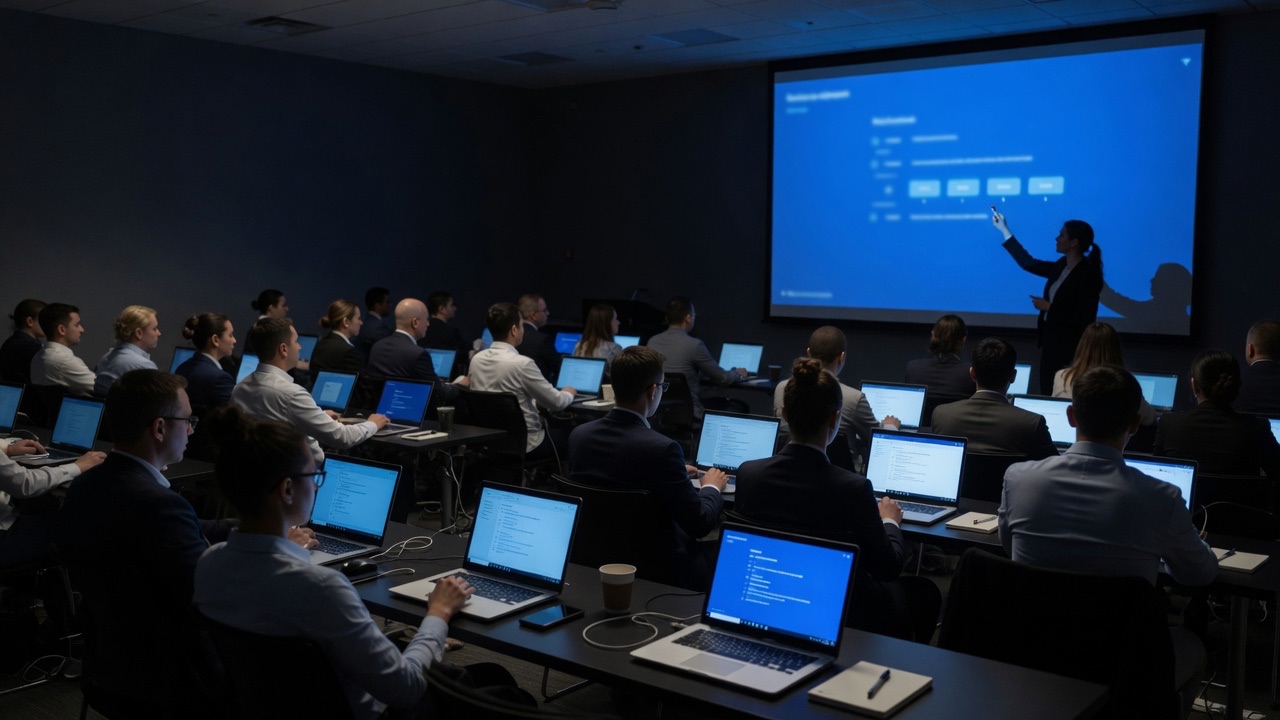 A hands-on AI training session, a team working on laptops