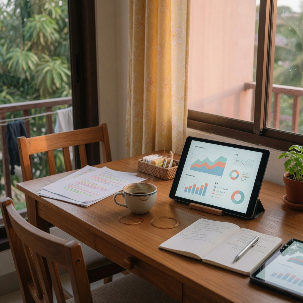 Morning briefing scene — coffee and a tablet dashboard