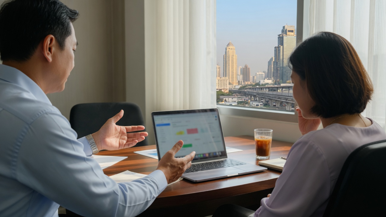 A laptop turned toward the client across the table — the working demo moment